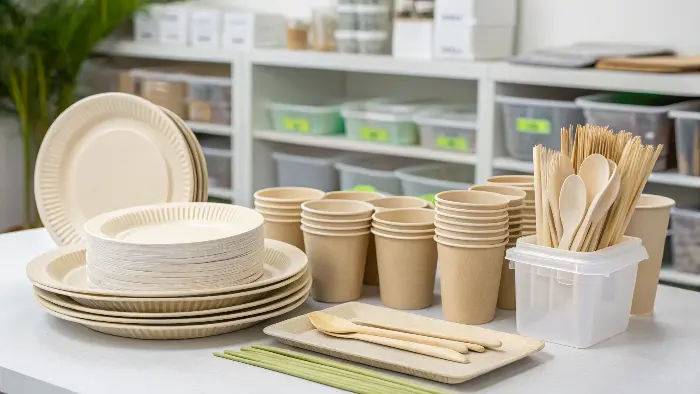 buyer inspecting eco-tableware samples