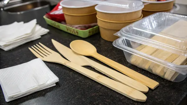 a set of bamboo disposable utensils: fork, knife, spoon
