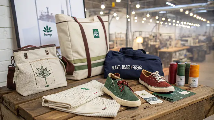 A collection of vegan clothing and accessories made from different materials like cork, pineapple leather, and recycled plastics.