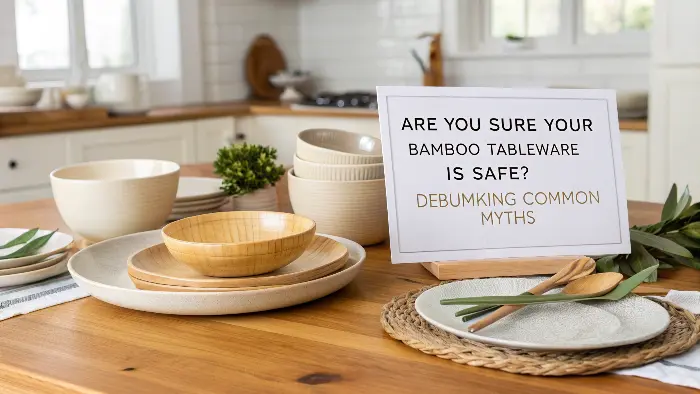 A collection of clean and safe bamboo dinnerware on a kitchen counter.