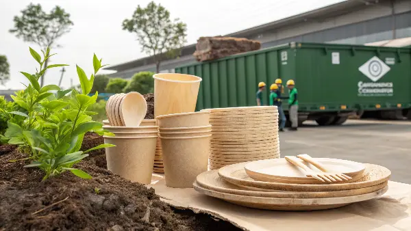 bamboo disposable plates and utensils on a table