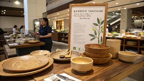 A collection of bamboo plates, bowls, and cutlery on a rustic wooden table.