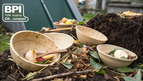 Bamboo cutlery in a compost bin with food scraps.