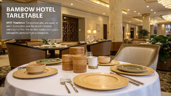 Luxury Hotel Room Service with Bamboo Tableware A sophisticated room service tray in a hotel room featuring bamboo disposable cutlery and a small bamboo bowl for fruit.