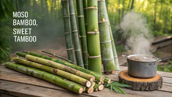 A close-up of freshly harvested bamboo shoots ready for preparation