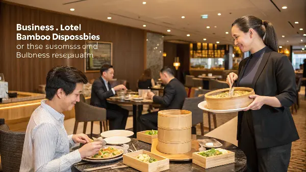 Success with Bamboo Disposables in Hospitality A collection of elegant bamboo disposable plates and cutlery arranged on a restaurant table.
