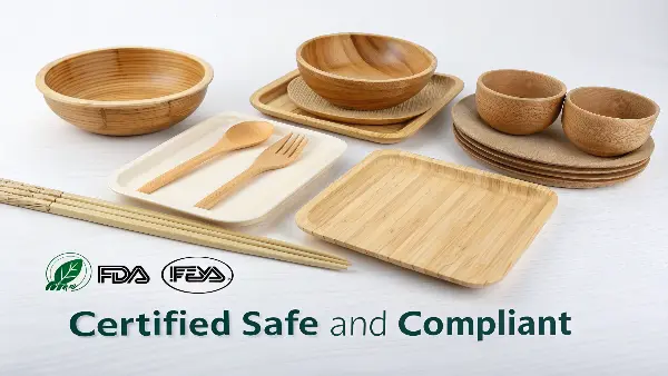 A certificate of compliance for FDA and LFGB standards next to bamboo cutlery.