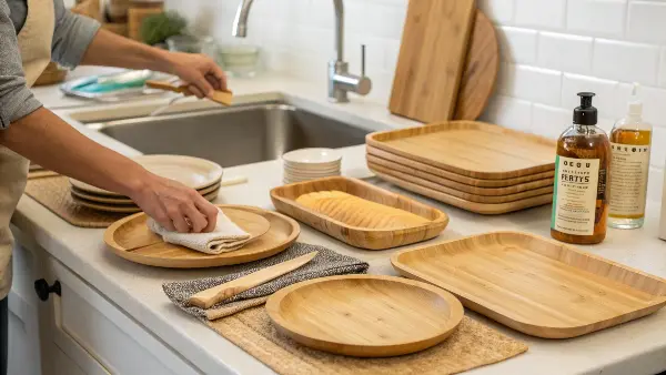 A collection of clean bamboo tableware drying on a rack