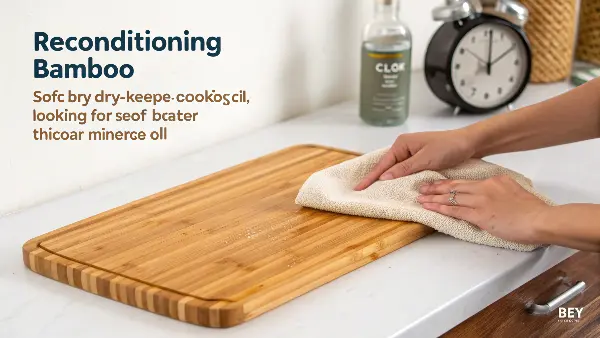 A hand rubbing conditioning oil onto a bamboo cutting board