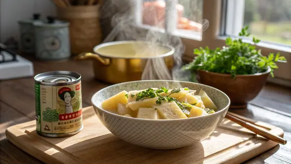 Fresh bamboo shoots being prepared for cooking