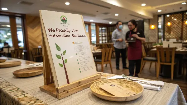 A restaurant menu with a small section dedicated to sustainability and the use of bamboo products.