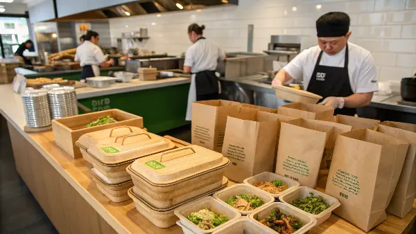 Fast-Casual Restaurant Using Bamboo Disposables A busy counter at a fast-casual restaurant with stacks of bamboo takeaway containers and cutlery.