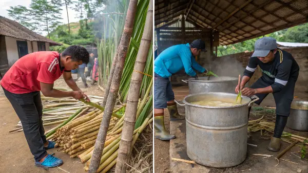 Freshly harvested bamboo shoots being prepared for processing