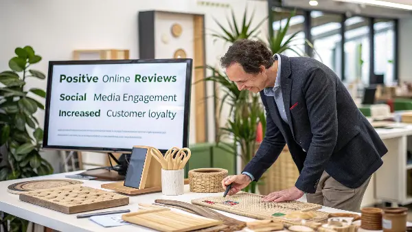 A certificate of compliance, like an FSC or FDA certificate, displayed next to a bamboo product.