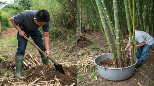 Step-by-step visuals of peeling and boiling bamboo shoots