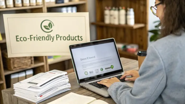 A person using a laptop to research eco-friendly suppliers online