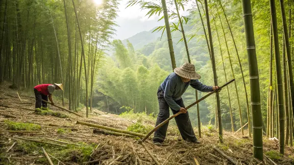 A bamboo forest with harvesters selectively cutting mature stalks.