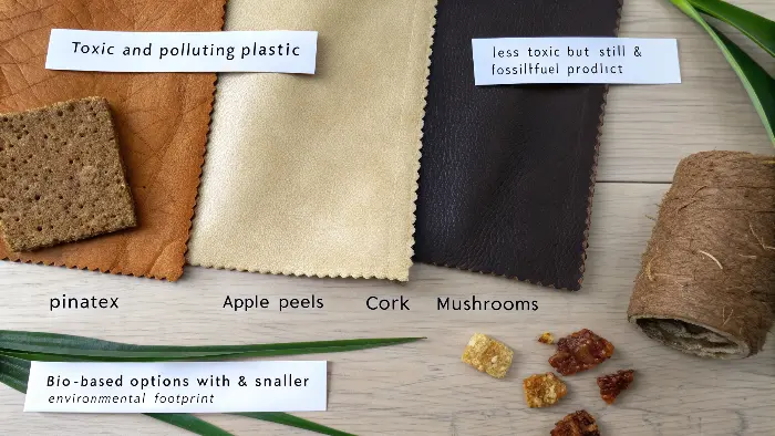 Samples of different vegan leathers, showing PVC, PU, cork, and pineapple leather side-by-side.