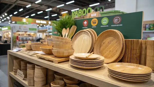 A neatly arranged set of bamboo plates, bowls, and cutlery on a rustic wooden table.