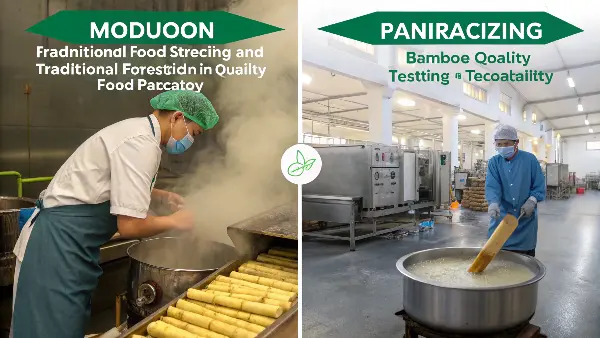 A display of processed bamboo shoots and bamboo tableware