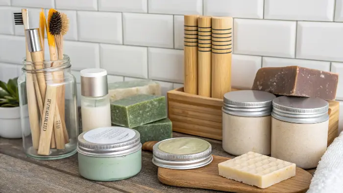 a bathroom counter with a bamboo razor, solid shampoo bar, and reusable makeup pads