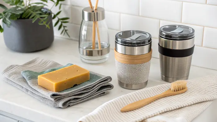 a kitchen counter with a coconut fiber brush, reusable cloth towels, and beeswax wraps