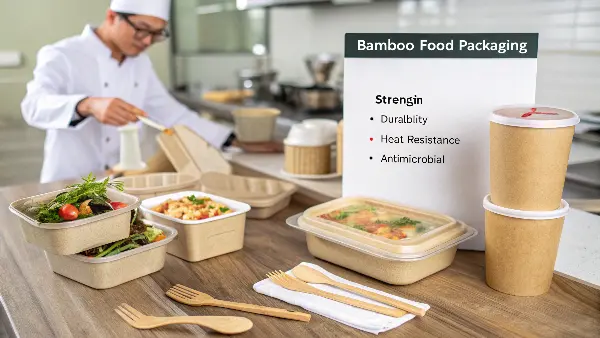Bamboo Food Packaging an assortment of bamboo food packaging like cups, plates, and containers