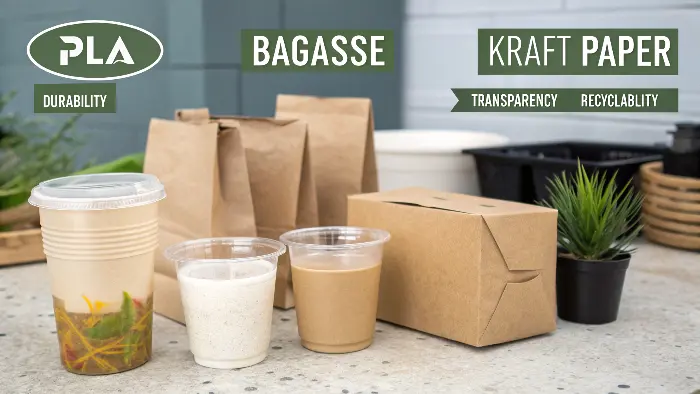 A side-by-side comparison of items made from PLA, bagasse, and kraft paper