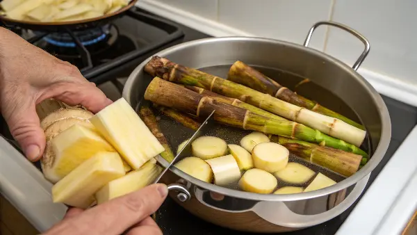 A person peeling the outer layers off a fresh bamboo shoot