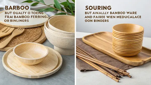 A close-up image showing the difference between a pure bamboo plate and a speckled bamboo-melamine composite plate.