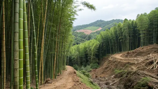 A lush green bamboo forest with tall stalks reaching for the sun.
