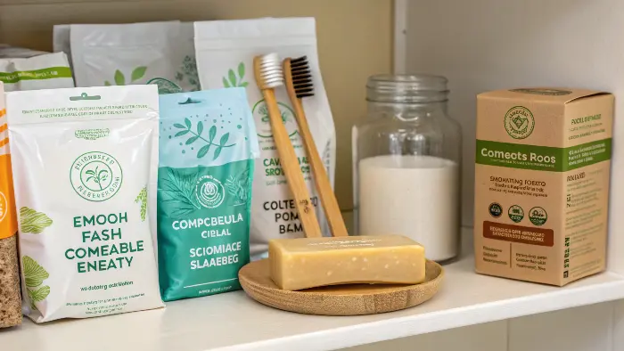 a collection of everyday sustainable products like a bamboo toothbrush and reusable coffee cup