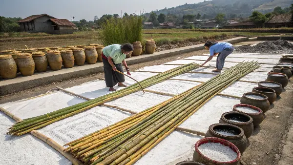 Traditionally preserved bamboo shoots in jars and dried strips