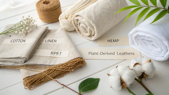 A collection of vegan-friendly material swatches like cotton, linen, and cork