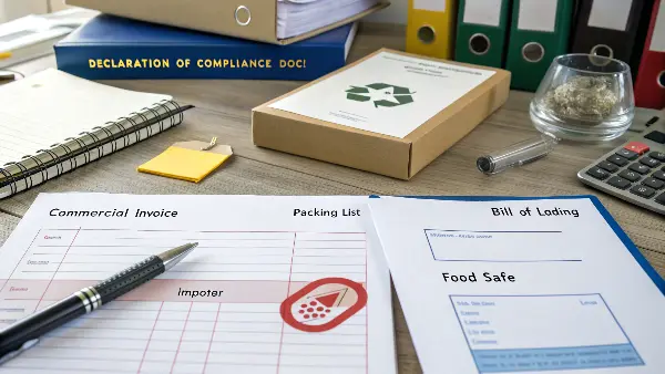 A shipping container being unloaded with proper documentation being checked