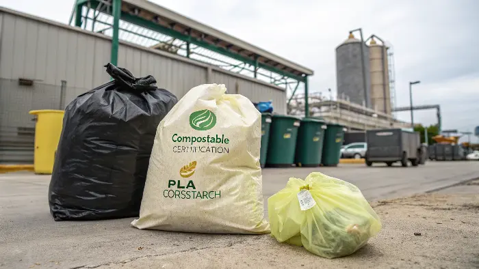 a certified compostable trash bag being placed in a green compost bin