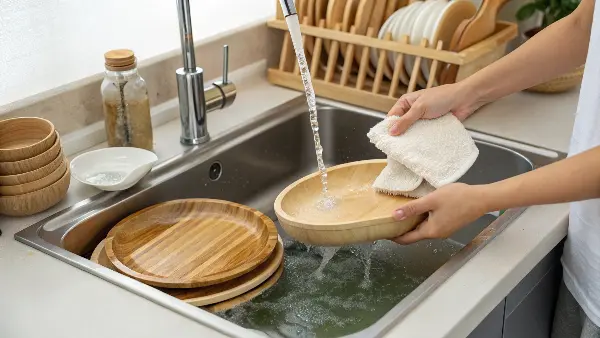 A person gently hand washing a bamboo bowl in a sink
