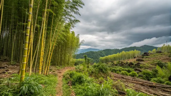 dense bamboo forest with sunlight filtering through