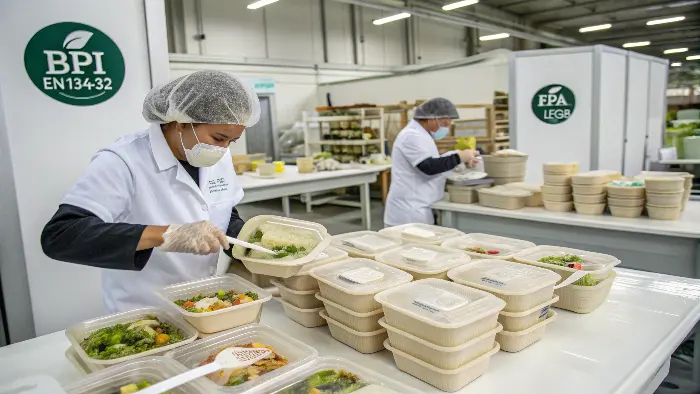 A quality control expert inspecting eco-friendly food containers in a factory