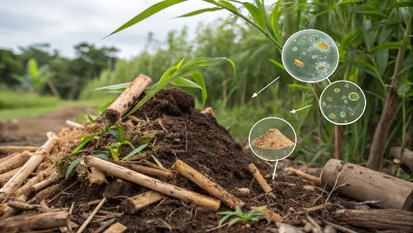 A microscopic view of microorganisms breaking down bamboo fibers.