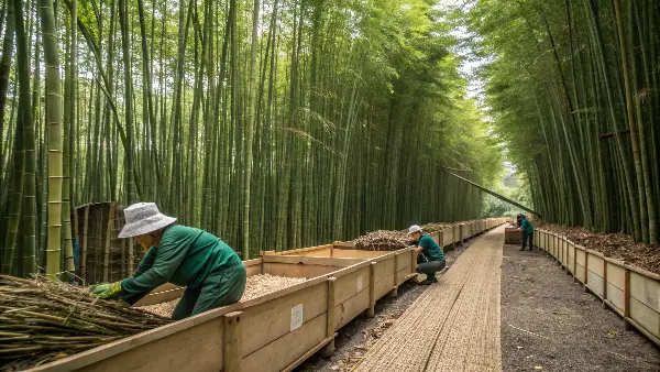 The complete lifecycle of a bamboo product showing harvesting, manufacturing, and composting stages.