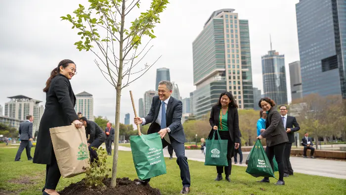 Team of diverse people planting a tree together