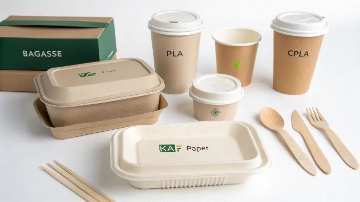 A display of various eco-friendly products like bagasse containers, PLA cups, and kraft paper bags