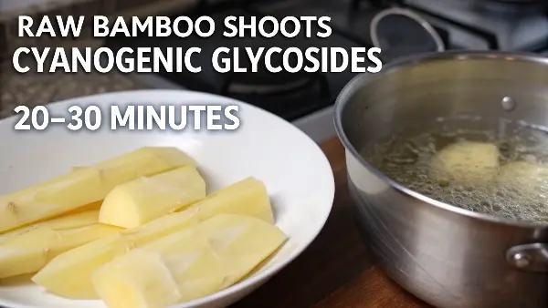A pot of bamboo shoots boiling on a stovetop