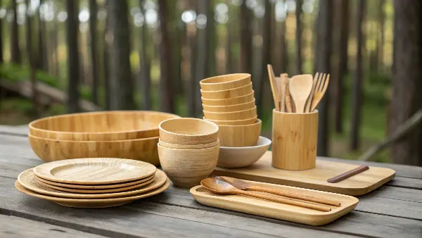 Happy customers using bamboo plates and cutlery at an outdoor picnic.