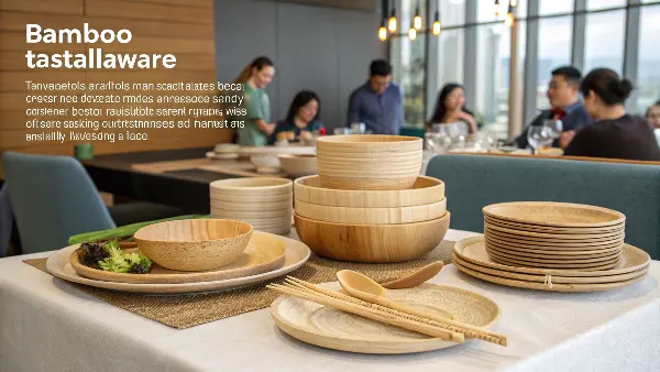 Close-up of a bamboo fork and knife next to a fresh salad in a bamboo bowl.
