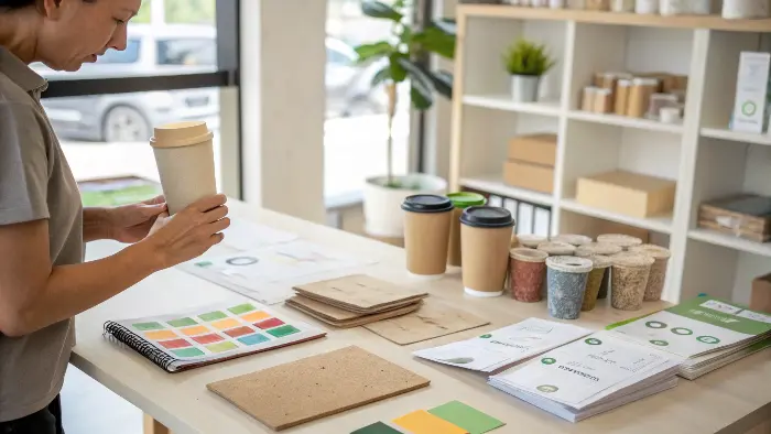 A close-up of different eco-friendly materials like PLA, bagasse, and kraft paper