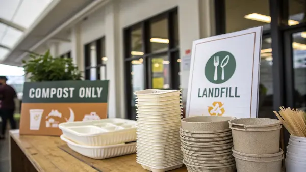 Confused person looking at different recycling and compost bins