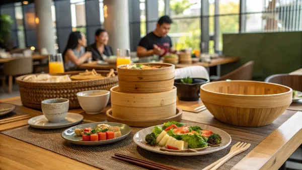 A happy customer dining at a cafe using bamboo cutlery, with a green leaf icon overlayed.