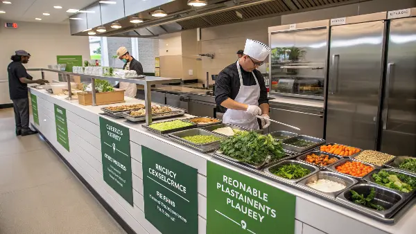 A restaurant kitchen with staff sorting fresh, local vegetables